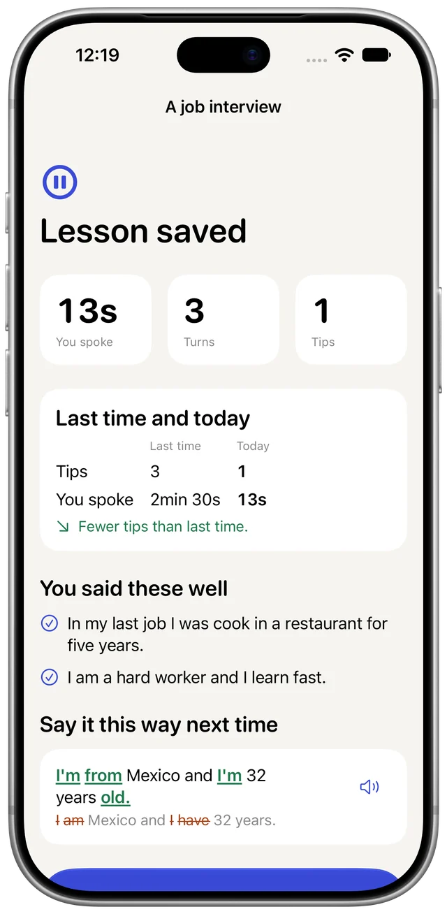 The lesson summary in Boldly: time spoken, turns and tips, last time and today, sentences said well, and the better way to say one next time.